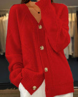 Johanna | Damen Strickjacke mit langen Ärmeln Zopfmuster V-Ausschnitt Cardigan in Rot