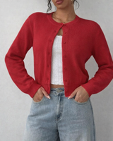 Damen Strickjacke mit Rundausschnitt Durchgehender Knopfleiste Langen Ärmeln mit Rippbündchen auf Taillenlänge in Rot