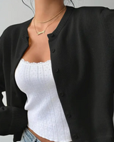 Damen Strickjacke mit Rundausschnitt Durchgehender Knopfleiste Langen Ärmeln mit Rippbündchen auf Taillenlänge in Schwarz
