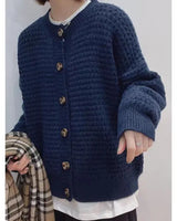 Damen Strickjacke mit Rundhalsausschnitt Knopfverschluss Ballonärmeln und Strukturmuster in Marineblau