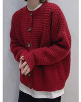 Damen Strickjacke mit Rundhalsausschnitt Knopfverschluss Ballonärmeln und Strukturmuster in Rot