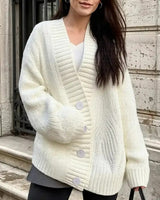 Damen Strickjacke mit V-Ausschnitt Knopfleiste und Strukturiertem Strickmuster in Weiß