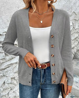 Damen Strickjacke mit V-Ausschnitt Knopfverschluss Langen Ärmeln und Gerippten Bündchen in Grau