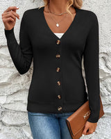 Damen Strickjacke mit V-Ausschnitt Knopfverschluss Langen Ärmeln und Gerippten Bündchen in Schwarz