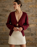 Damen Strickjacke mit V-Ausschnitt Knopfverschluss und langen Ärmeln in Burgund
