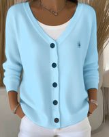 Leonie | Damen Strickjacke V-Ausschnitt Langarm Knopfleiste Sweater Women in Blau