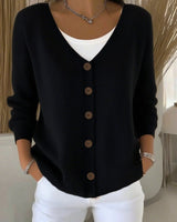 Leonie | Damen Strickjacke V-Ausschnitt Langarm Knopfleiste Sweater Women in Schwarz