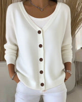 Leonie | Damen Strickjacke V-Ausschnitt Langarm Knopfleiste Sweater Women in Weiß