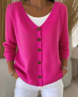 Leonie | Damen Strickjacke V-Ausschnitt Langarm Knopfleiste Sweater Women in Rosa Rot