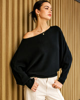 Damen Strickpullover mit asymmetrischem Schulterausschnitt und Fledermausärmeln in Schwarz