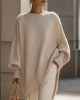 Damen Strickpullover mit Rundhalsausschnitt und Fledermausärmeln sowie Rippstricksaum in Beige