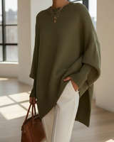 Damen Strickpullover mit Rundhalsausschnitt und Fledermausärmeln sowie Rippstricksaum in Olivgrün