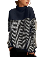 Damen Strickpullover mit Stehkragen und Zickzackmuster in Marineblau