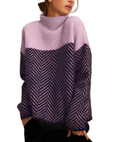 Damen Strickpullover mit Stehkragen und Zickzackmuster in Lila