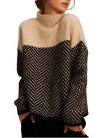 Damen Strickpullover mit Stehkragen und Zickzackmuster in Beige