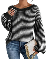 Damen Strickpullover mit Streifenmuster und Rippabschlüssen in Schwarz