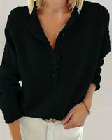 Annika | Damen Strickpullover mit V-Ausschnitt Halbknopfleiste Relaxed Fit in Schwarz