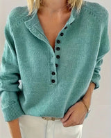 Annika | Damen Strickpullover mit V-Ausschnitt Halbknopfleiste Relaxed Fit in Smaragdgrün