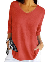Damen Strickpullover mit V-Ausschnitt und kurzen Ärmeln in Rot