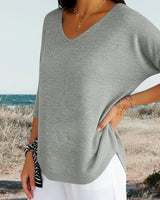 Damen Strickpullover mit V-Ausschnitt und kurzen Ärmeln in Grau