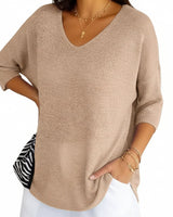 Damen Strickpullover mit V-Ausschnitt und kurzen Ärmeln in Beige