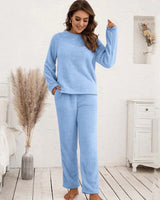 Damen Strukturiertes Langarm Oberteil und Hose Set mit Rundhalsausschnitt in Blau