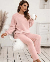 Damen Strukturiertes Langarm Oberteil und Hose Set mit Rundhalsausschnitt in Rosa