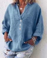 Luisa | Damen Sweater Lässige Baumwoll-Leinen Bluse V-Ausschnitt Langarm in Blau