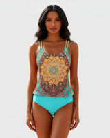Damen Tankini Set mit gemustertem Oberteil und Bikinihose in Blau