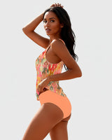 Damen Tankini Set mit gemustertem Oberteil und Bikinihose in Orange