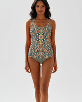 Damen Tankini Set mit gemustertem Oberteil und Bikinihose in Grün