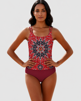 Damen Tankini Set mit gemustertem Oberteil und Bikinihose in Rot