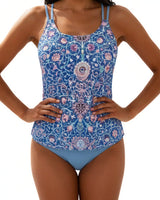 Damen Tankini Set mit gemustertem Oberteil und Bikinihose in Dunkelblau