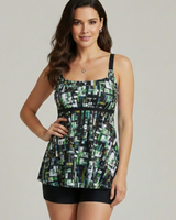 Damen Tankini Set mit gemustertem Oberteil und Shorts in Schwarz
