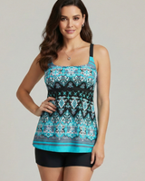 Damen Tankini Set mit gemustertem Oberteil und Shorts in Türkisblau