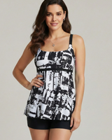 Damen Tankini Set mit gemustertem Oberteil und Shorts in Schwarz / Weiß