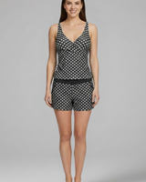 Damen Tankini Set mit gepunktetem Oberteil und Shorts in Schwarz