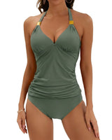 Damen-Tankini-Set mit Halterneck-Trägern und seitlichen Raffungen in Armeegrün