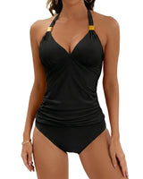 Damen-Tankini-Set mit Halterneck-Trägern und seitlichen Raffungen in Schwarz