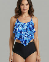 Damen Tankini Set mit mehrlagigem Oberteil und hoch geschnittenem Unterteil in Blau