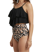 Damen Tankini Set mit mehrlagigem Oberteil und hoch geschnittenem Unterteil in Schwarz