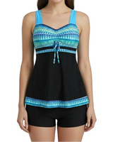Damen Tankini-Set mit Trägeroberteil und Shorts im Musterdesign in Schwarz