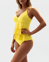 Damen Tankini Set mit Volant-Oberteil und Trägern in Gelb