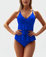 Damen Tankini Set mit Volant-Oberteil und Trägern in Blau