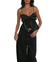 Damen-Top mit Schleifendetail und Glitzer-Struktur in Schwarz