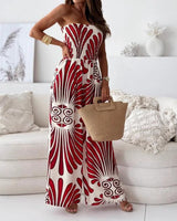 Damen Trägerloser Jumpsuit mit Weitem Bein und Abstraktem Druckmuster in Rot