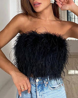 Damen trägerloses Bandeau Top mit Federbesatz und kurzer Länge in Schwarz