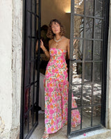 Damen Trägerloses Maxikleid mit abgesenkter Taille und Blumenmuster in Rosa