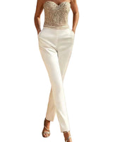 Damen trägerloser Jumpsuit mit strukturiertem Oberteil und geradem Bein in Weiß