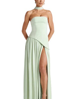 Damen trägerloses Maxikleid mit asymmetrischer Taille und Schlitz in Hellgrün